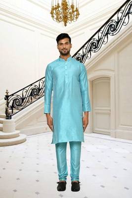 Sky blue dupion silk plain full sleeve kurta and churidar set for men 1