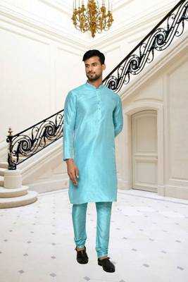 Sky blue dupion silk plain full sleeve kurta and churidar set for men 2