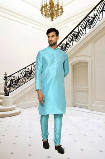 Sky blue dupion silk plain full sleeve kurta and churidar set for men