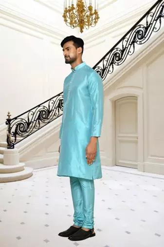 Sky blue dupion silk plain full sleeve kurta and churidar set for men