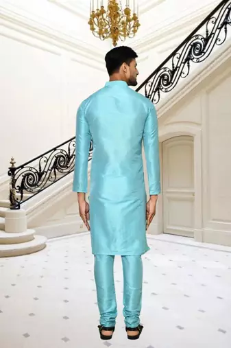 Sky blue dupion silk plain full sleeve kurta and churidar set for men