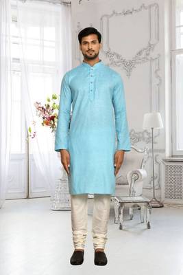 Sky blue cotton plain full sleeve kurta and churidar set for men 1