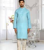 Sky blue cotton plain full sleeve kurta and churidar set for men