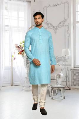 Sky blue cotton plain full sleeve kurta and churidar set for men 2