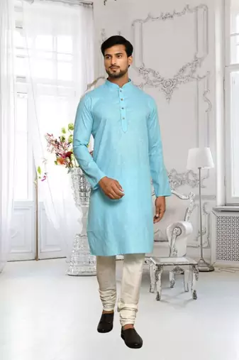 Sky blue cotton plain full sleeve kurta and churidar set for men