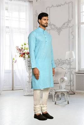 Sky blue cotton plain full sleeve kurta and churidar set for men 3