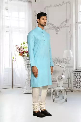 Sky blue cotton plain full sleeve kurta and churidar set for men