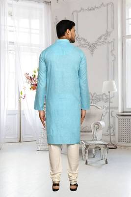 Sky blue cotton plain full sleeve kurta and churidar set for men 4
