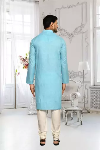 Sky blue cotton plain full sleeve kurta and churidar set for men
