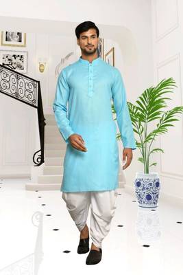Sky blue plain cotton full sleeve kurta and dhoti set for men 1