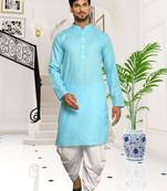 Sky blue plain cotton full sleeve kurta and dhoti set for men