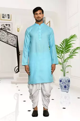 Sky blue plain cotton full sleeve kurta and dhoti set for men
