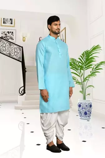 Sky blue plain cotton full sleeve kurta and dhoti set for men