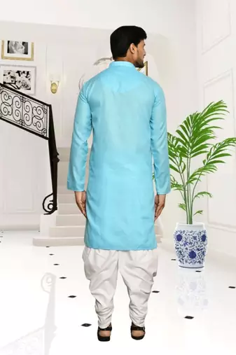 Sky blue plain cotton full sleeve kurta and dhoti set for men