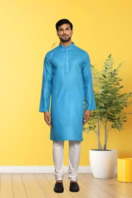 Sky blue cotton plain full sleeve kurta and churidar set for men 1