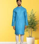 Sky blue cotton plain full sleeve kurta and churidar set for men