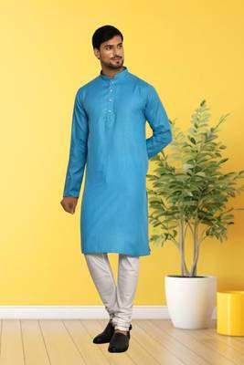 Sky blue cotton plain full sleeve kurta and churidar set for men 2