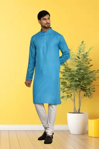 Sky blue cotton plain full sleeve kurta and churidar set for men