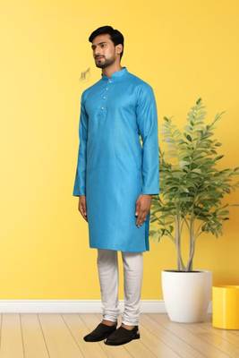 Sky blue cotton plain full sleeve kurta and churidar set for men 3