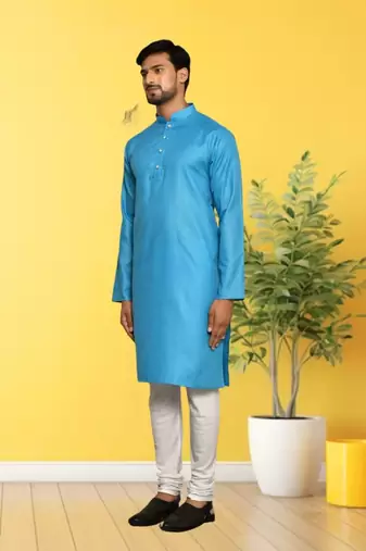 Sky blue cotton plain full sleeve kurta and churidar set for men