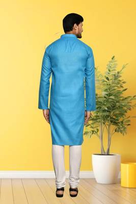 Sky blue cotton plain full sleeve kurta and churidar set for men 4