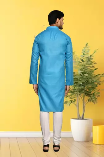 Sky blue cotton plain full sleeve kurta and churidar set for men
