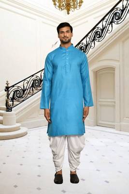 Sky blue plain cotton full sleeve kurta and dhoti set for men 1