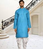 Sky blue plain cotton full sleeve kurta and dhoti set for men