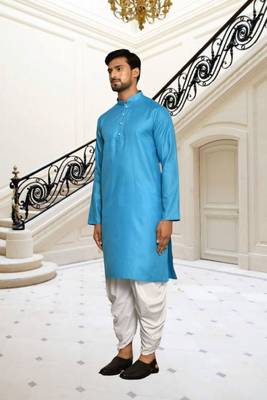 Sky blue plain cotton full sleeve kurta and dhoti set for men 2