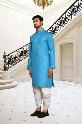 Sky blue plain cotton full sleeve kurta and dhoti set for men