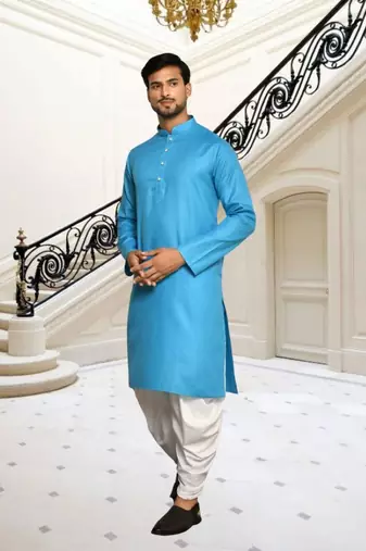 Sky blue plain cotton full sleeve kurta and dhoti set for men