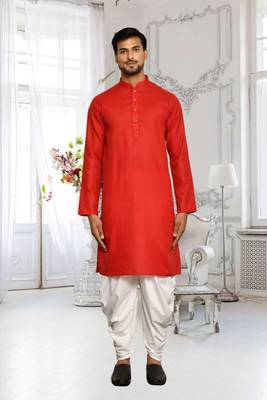 Red plain cotton full sleeve kurta and dhoti set for men 1