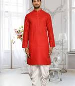 Red plain cotton full sleeve kurta and dhoti set for men