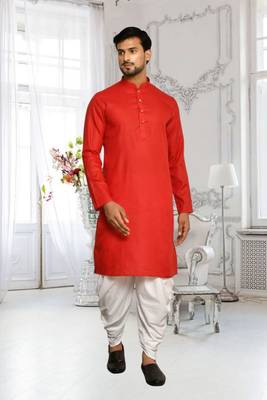 Red plain cotton full sleeve kurta and dhoti set for men 2