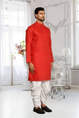 Red plain cotton full sleeve kurta and dhoti set for men 3