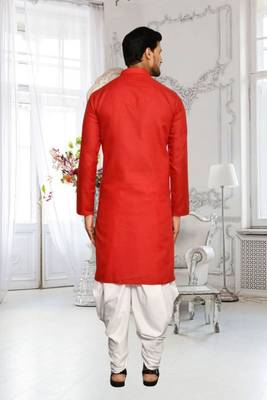 Red plain cotton full sleeve kurta and dhoti set for men 4