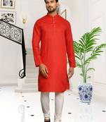 Red plain cotton full sleeve kurta and churidar set for men