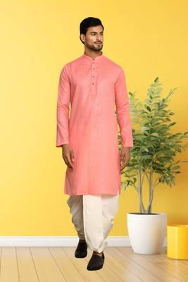 Peach plain cotton full sleeve kurta and dhoti set for men 1