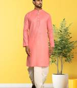 Peach plain cotton full sleeve kurta and dhoti set for men