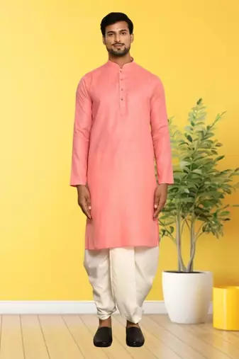 Peach plain cotton full sleeve kurta and dhoti set for men