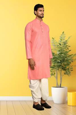 Peach plain cotton full sleeve kurta and dhoti set for men 3