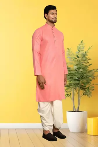 Peach plain cotton full sleeve kurta and dhoti set for men