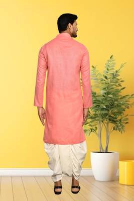 Peach plain cotton full sleeve kurta and dhoti set for men 4