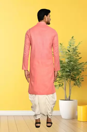 Peach plain cotton full sleeve kurta and dhoti set for men