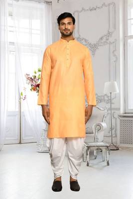 Orange plain cotton full sleeve kurta and dhoti set for men 1