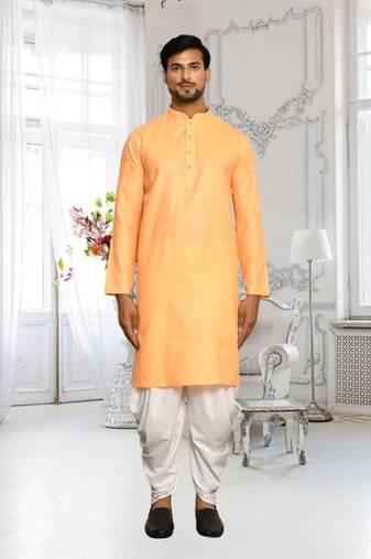 Orange plain cotton full sleeve kurta and dhoti set for men