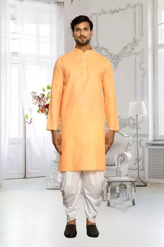 Orange plain cotton full sleeve kurta and dhoti set for men