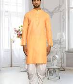 Orange plain cotton full sleeve kurta and dhoti set for men