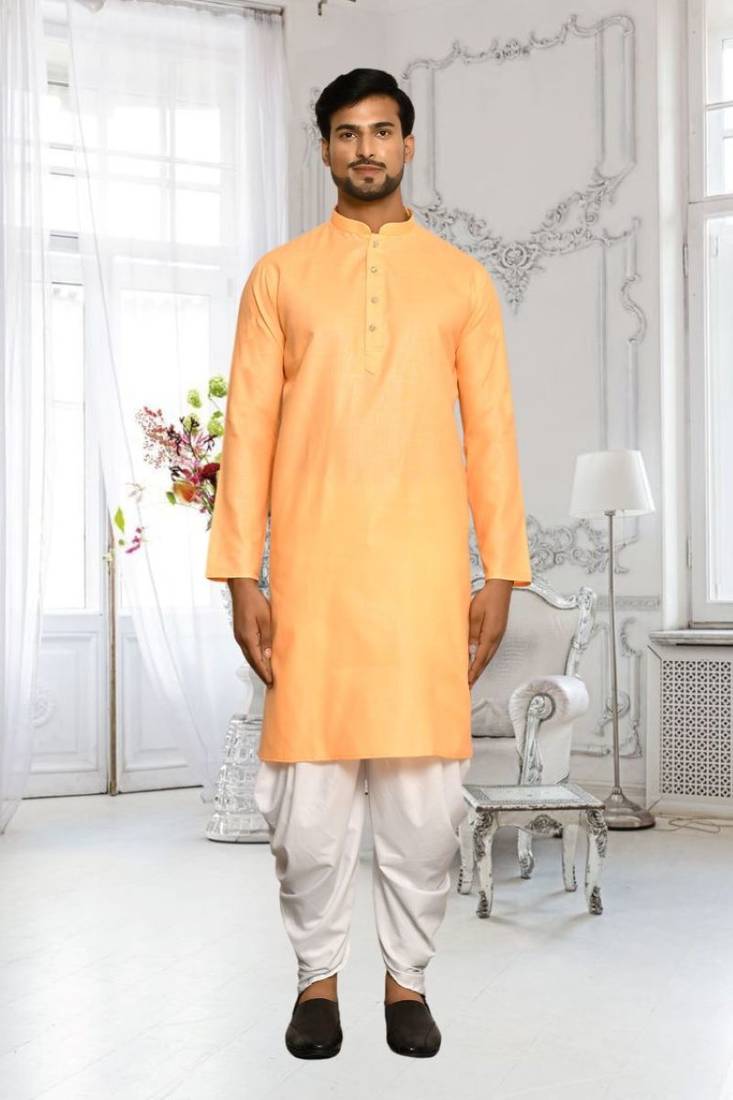 Orange plain cotton full sleeve kurta and dhoti set for men
