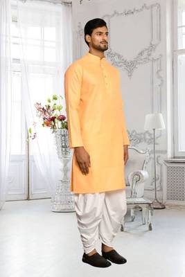 Orange plain cotton full sleeve kurta and dhoti set for men 2
